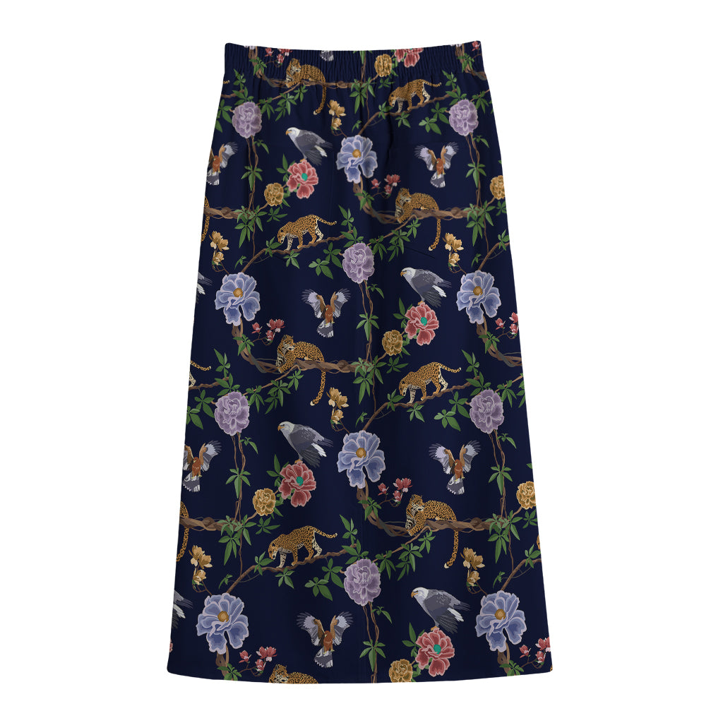 Eagle And Jaguar Pattern Print Cotton Front Slit Maxi Skirt