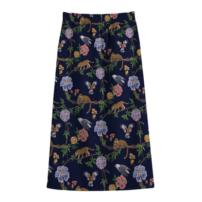Eagle And Jaguar Pattern Print Cotton Front Slit Maxi Skirt