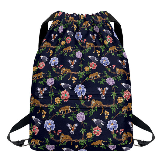 Eagle And Jaguar Pattern Print Drawstring Backpack