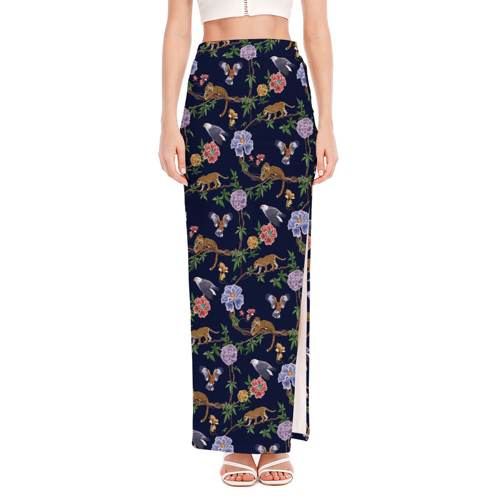 Eagle And Jaguar Pattern Print High Slit Maxi Skirt