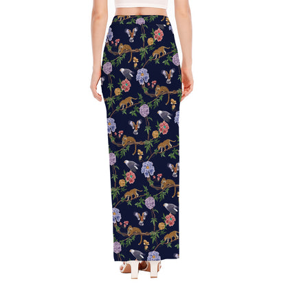 Eagle And Jaguar Pattern Print High Slit Maxi Skirt