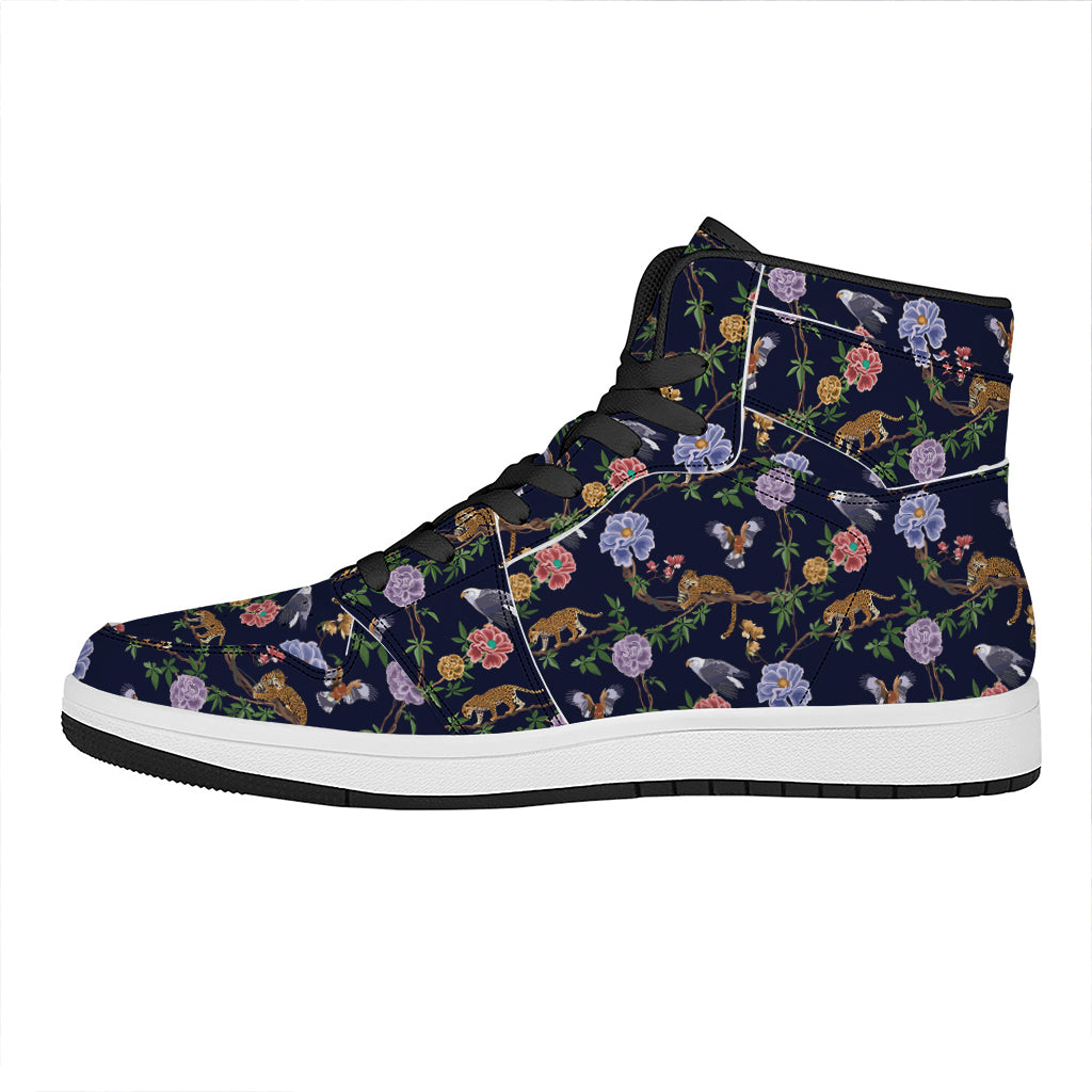 Eagle And Jaguar Pattern Print High Top Leather Sneakers