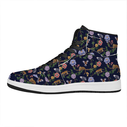 Eagle And Jaguar Pattern Print High Top Leather Sneakers