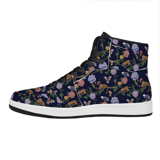 Eagle And Jaguar Pattern Print High Top Leather Sneakers