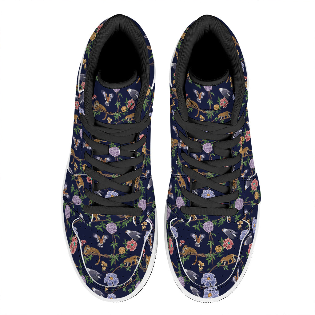 Eagle And Jaguar Pattern Print High Top Leather Sneakers
