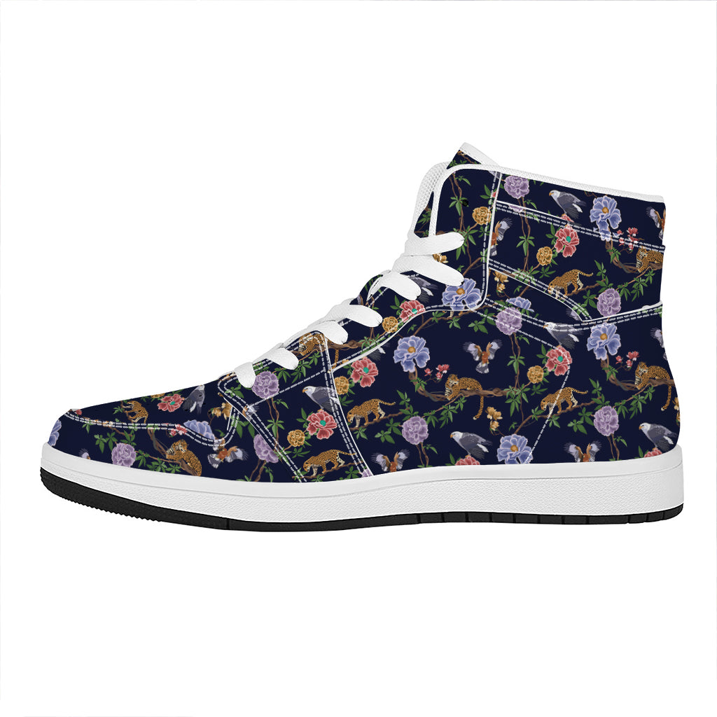 Eagle And Jaguar Pattern Print High Top Leather Sneakers