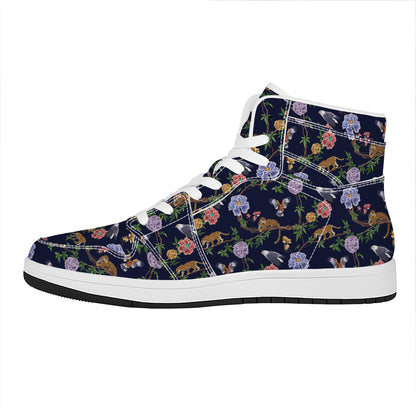 Eagle And Jaguar Pattern Print High Top Leather Sneakers