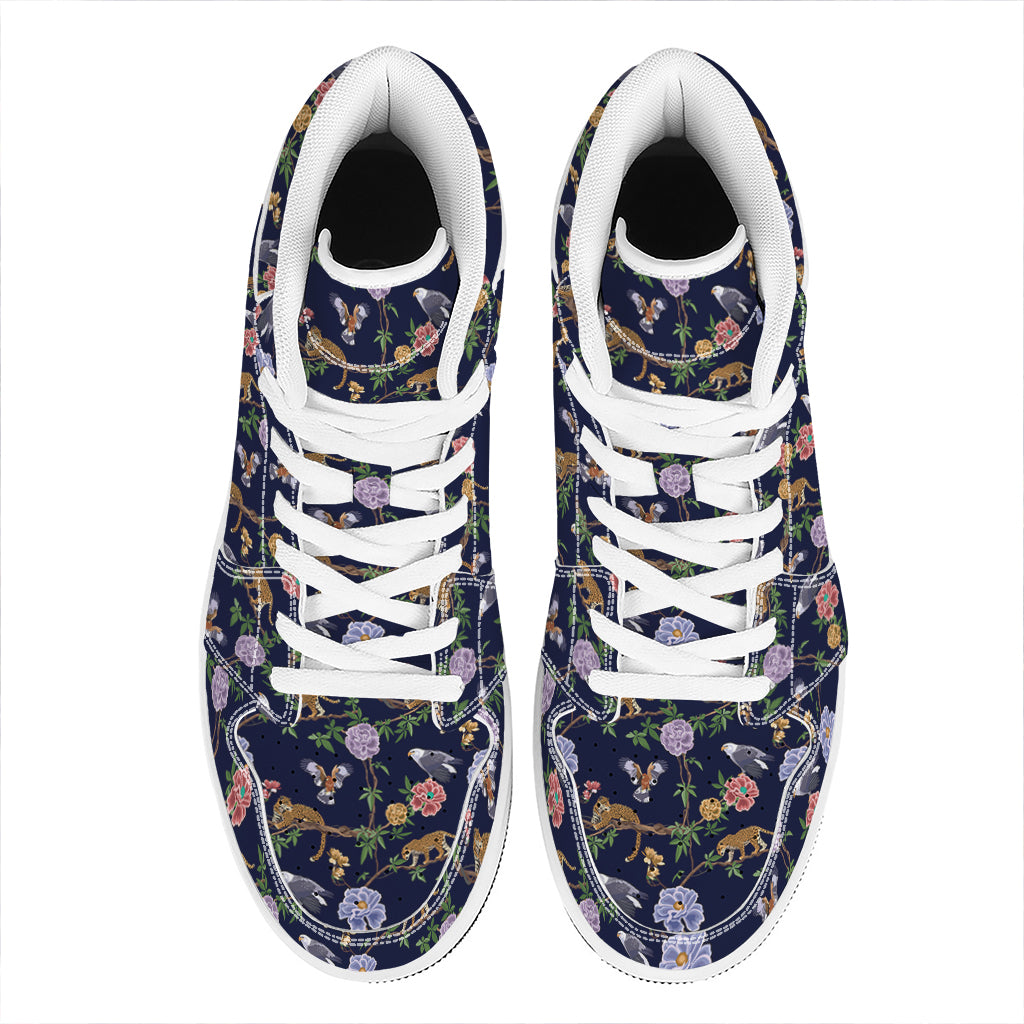 Eagle And Jaguar Pattern Print High Top Leather Sneakers