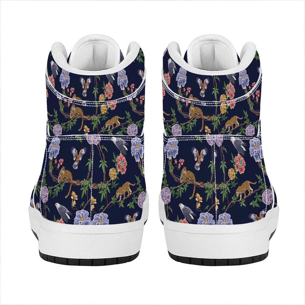 Eagle And Jaguar Pattern Print High Top Leather Sneakers