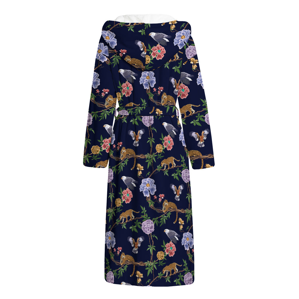 Eagle And Jaguar Pattern Print Hooded Bathrobe