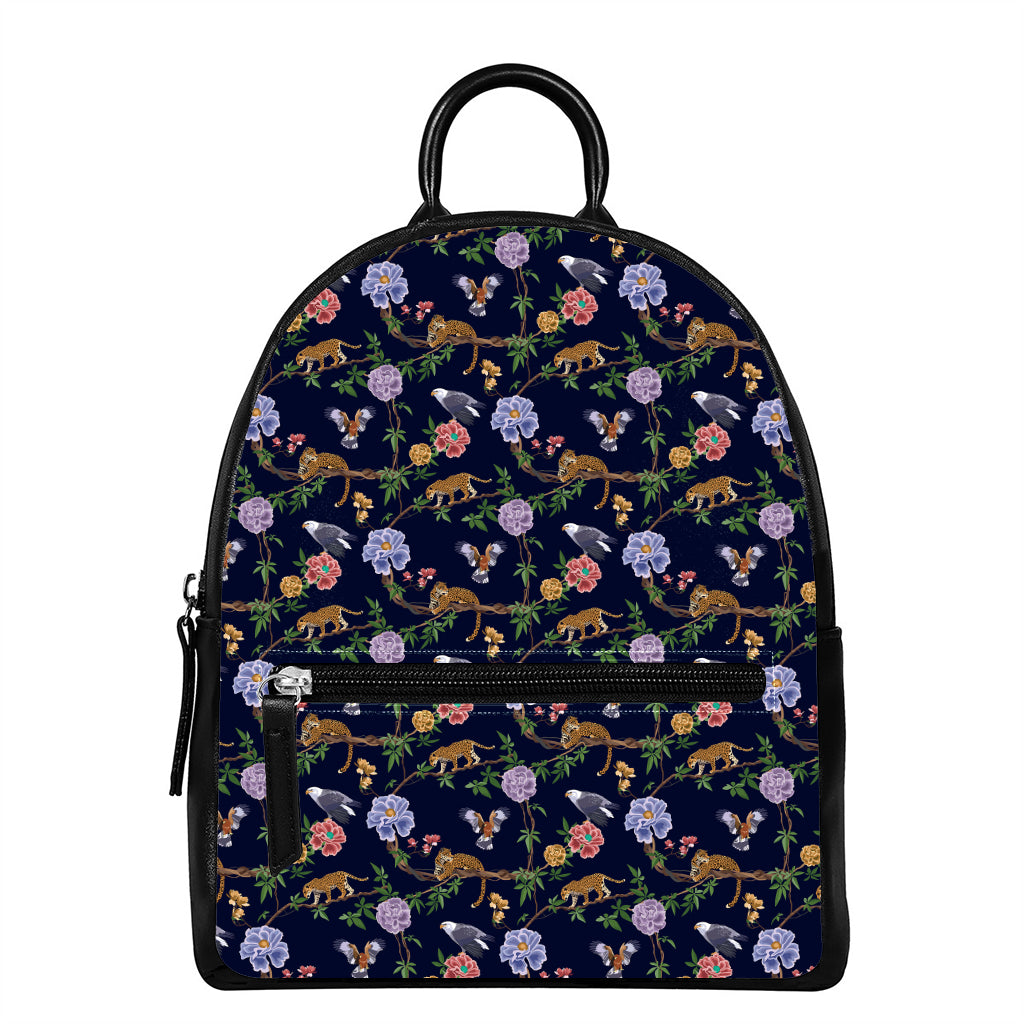 Eagle And Jaguar Pattern Print Leather Backpack