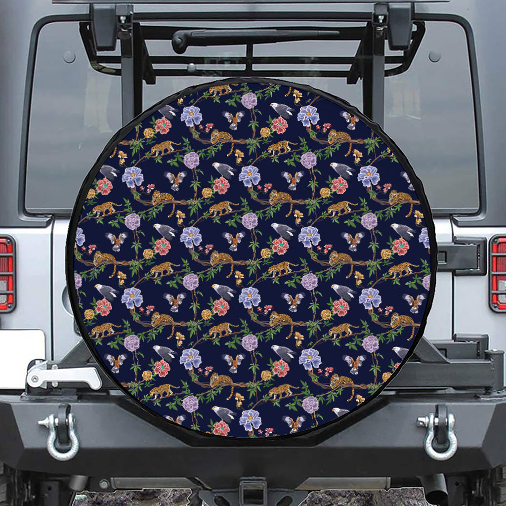 Eagle And Jaguar Pattern Print Leather Spare Tire Cover