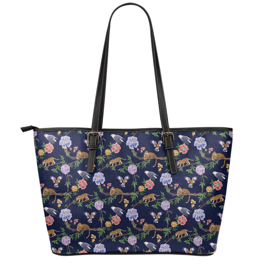 Eagle And Jaguar Pattern Print Leather Tote Bag