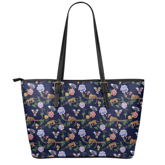 Eagle And Jaguar Pattern Print Leather Tote Bag