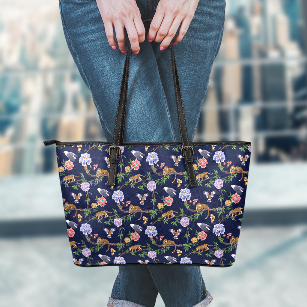Eagle And Jaguar Pattern Print Leather Tote Bag
