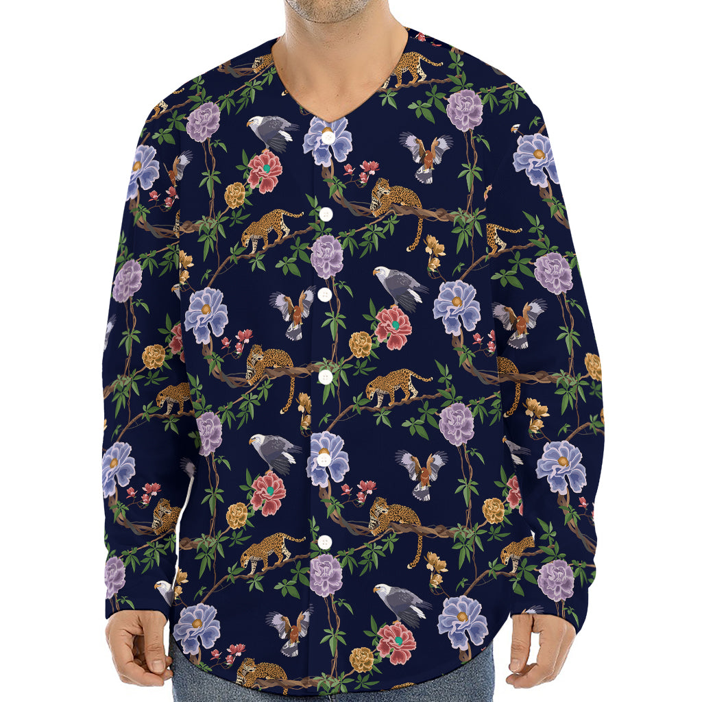 Eagle And Jaguar Pattern Print Long Sleeve Baseball Jersey