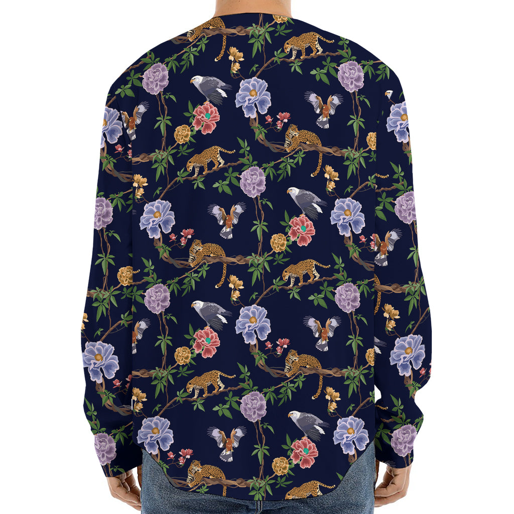 Eagle And Jaguar Pattern Print Long Sleeve Baseball Jersey