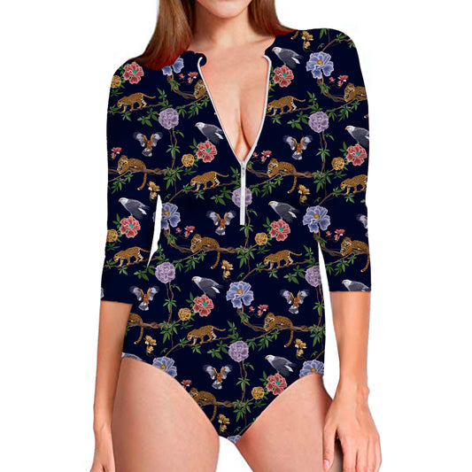 Eagle And Jaguar Pattern Print Long Sleeve Swimsuit