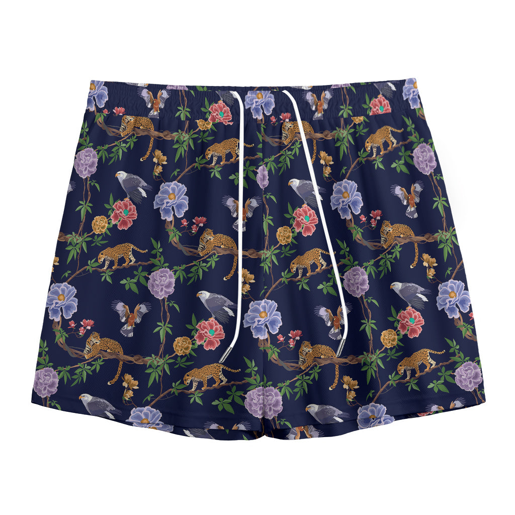 Eagle And Jaguar Pattern Print Mesh Shorts