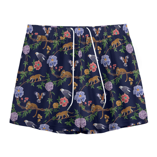 Eagle And Jaguar Pattern Print Mesh Shorts