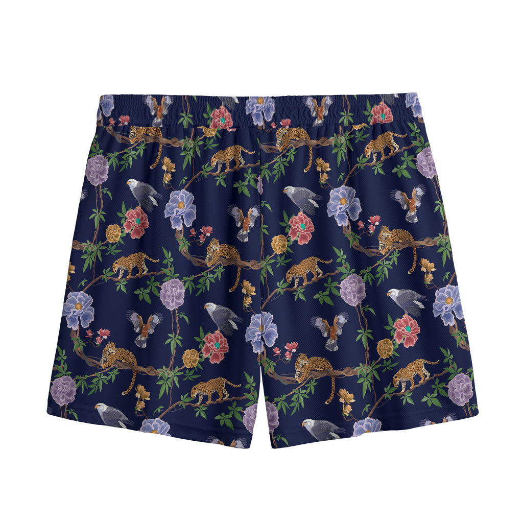 Eagle And Jaguar Pattern Print Mesh Shorts