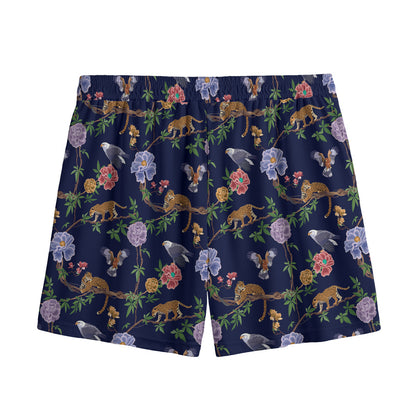 Eagle And Jaguar Pattern Print Mesh Shorts