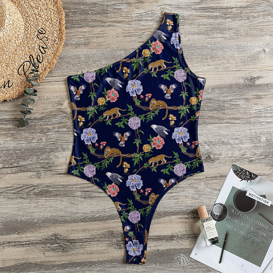 Eagle And Jaguar Pattern Print One Shoulder Bodysuit
