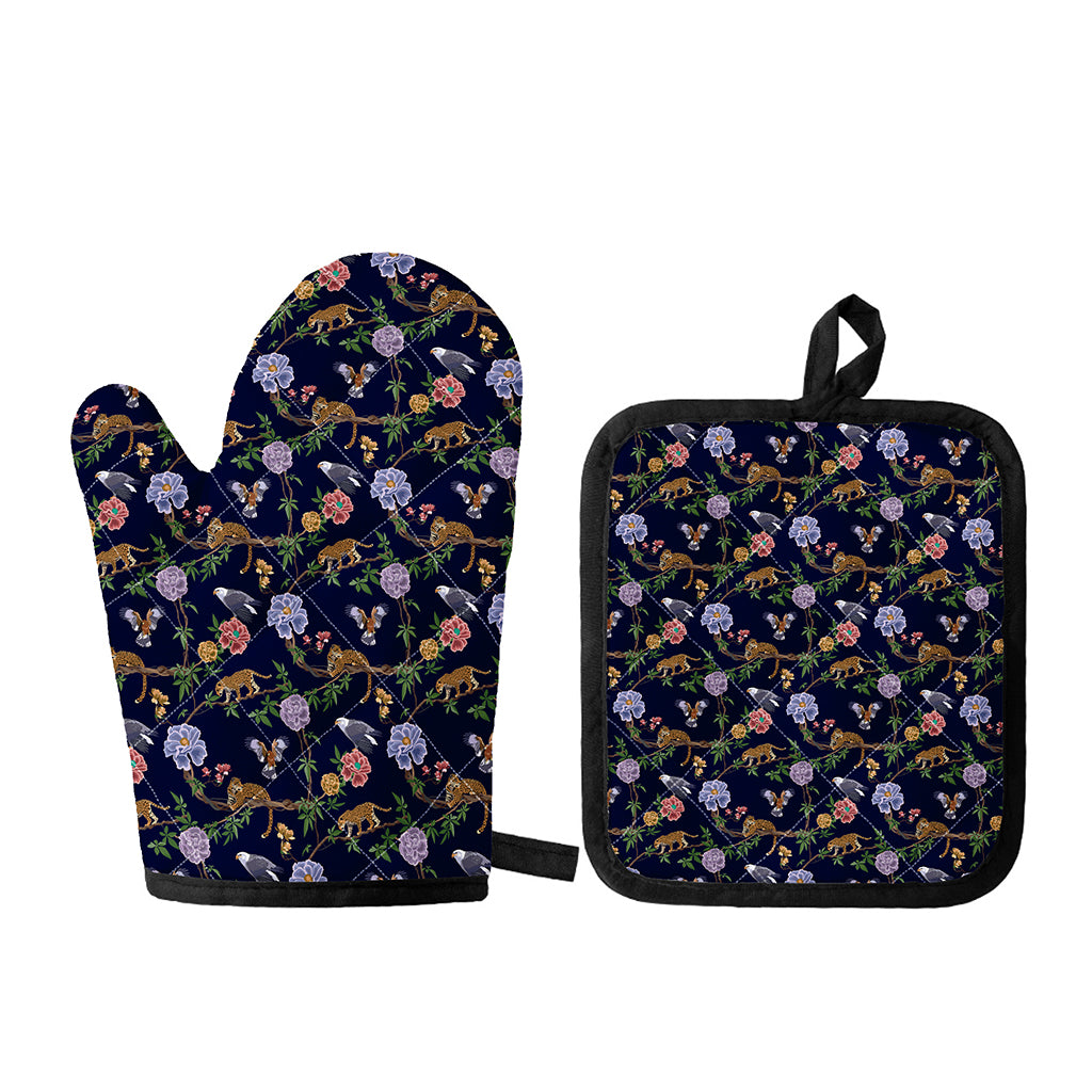 Eagle And Jaguar Pattern Print Oven Mitt And Pot Holder Set