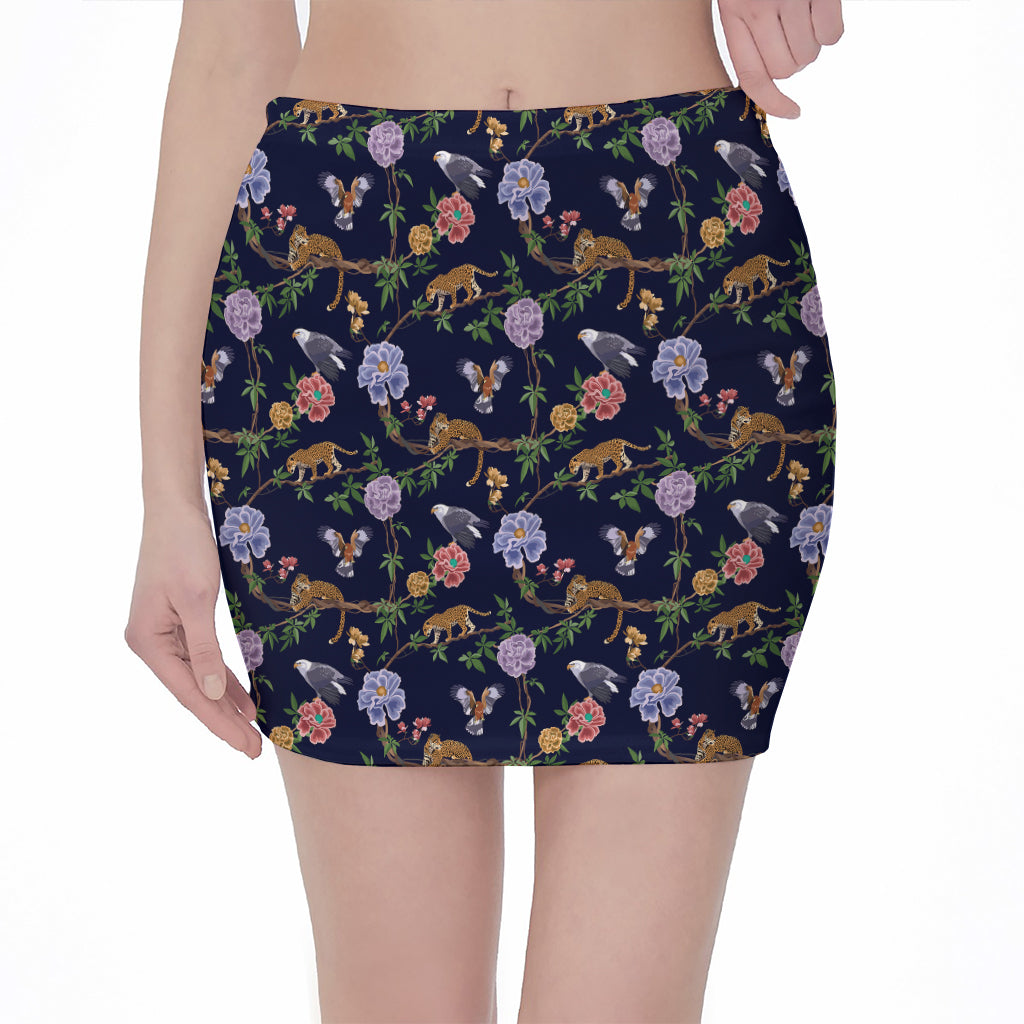 Eagle And Jaguar Pattern Print Pencil Mini Skirt