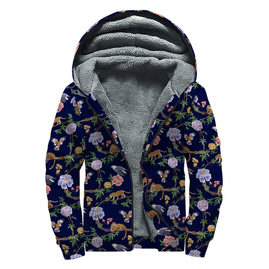 Eagle And Jaguar Pattern Print Sherpa Lined Zip Up Hoodie