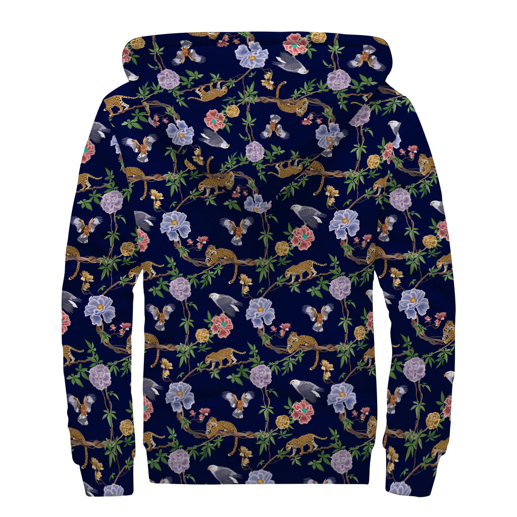 Eagle And Jaguar Pattern Print Sherpa Lined Zip Up Hoodie