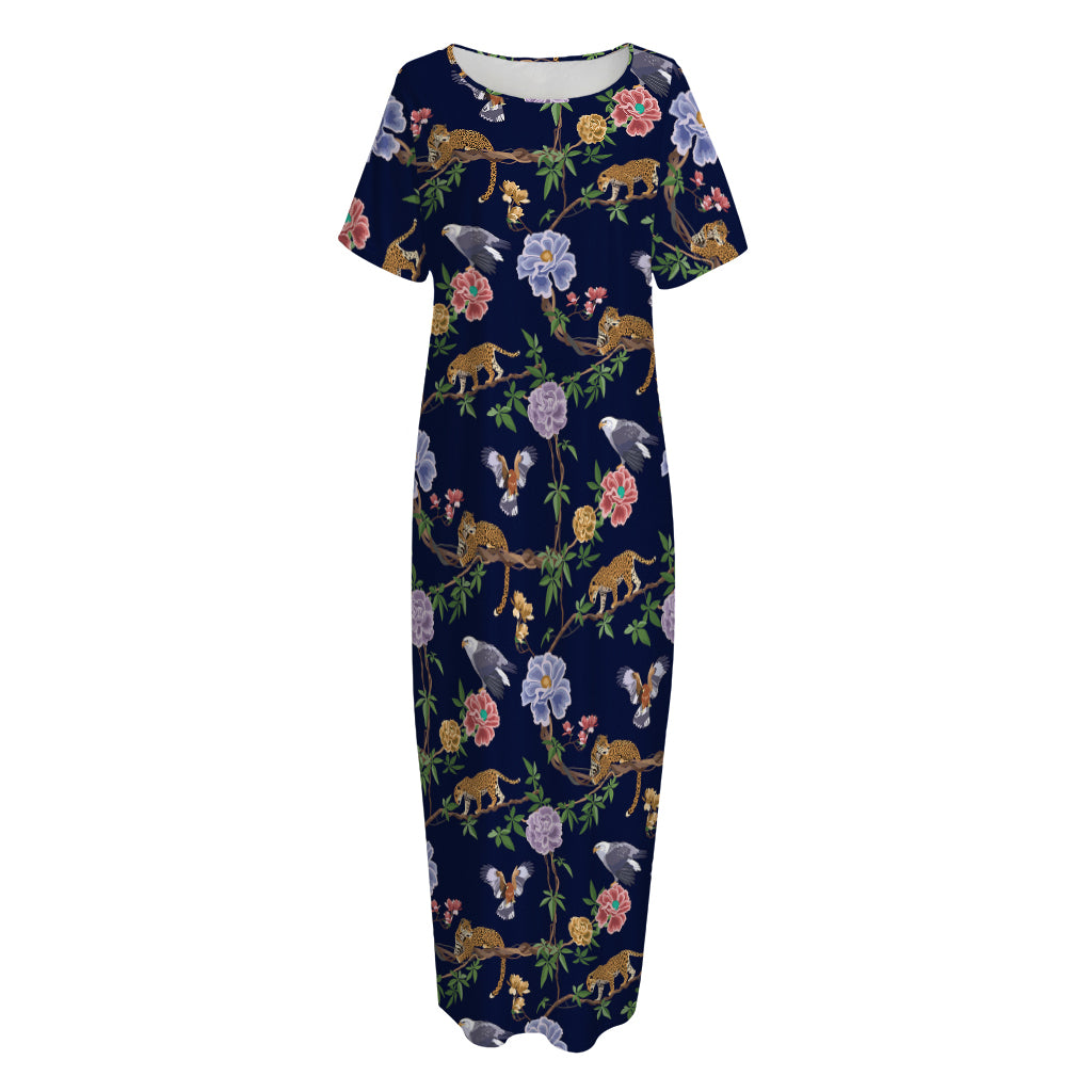 Eagle And Jaguar Pattern Print Short Sleeve Long Nightdress