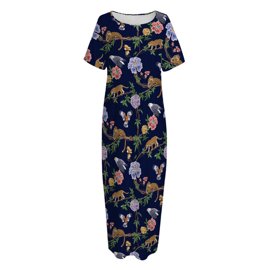 Eagle And Jaguar Pattern Print Short Sleeve Long Nightdress