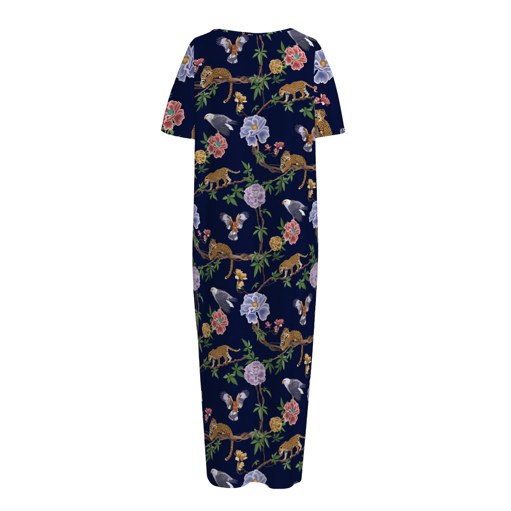 Eagle And Jaguar Pattern Print Short Sleeve Long Nightdress