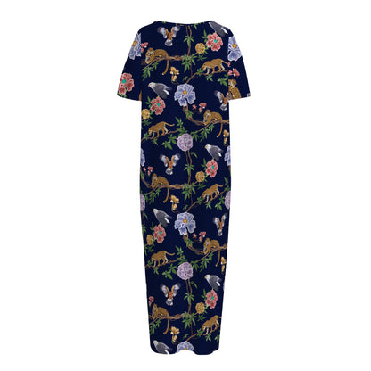 Eagle And Jaguar Pattern Print Short Sleeve Long Nightdress