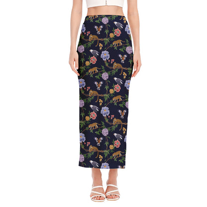 Eagle And Jaguar Pattern Print Side Slit Maxi Skirt