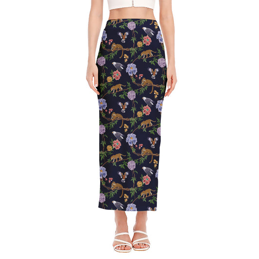 Eagle And Jaguar Pattern Print Side Slit Maxi Skirt