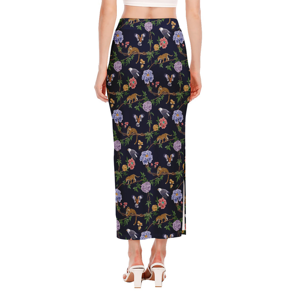 Eagle And Jaguar Pattern Print Side Slit Maxi Skirt