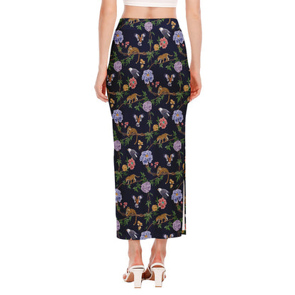 Eagle And Jaguar Pattern Print Side Slit Maxi Skirt