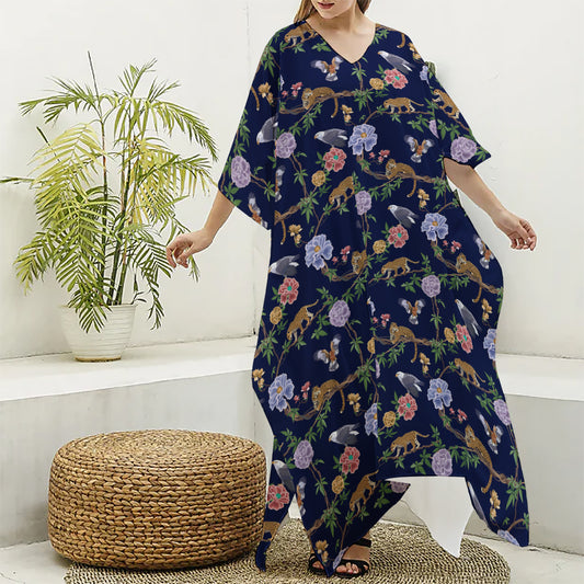 Eagle And Jaguar Pattern Print Silk V-Neck Kaftan Dress