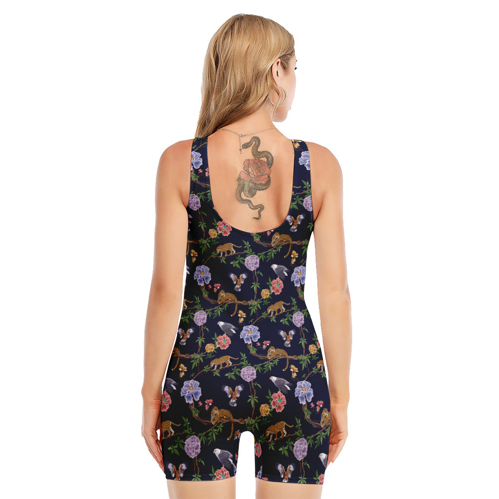 Eagle And Jaguar Pattern Print Sleeveless One Piece Swimsuit