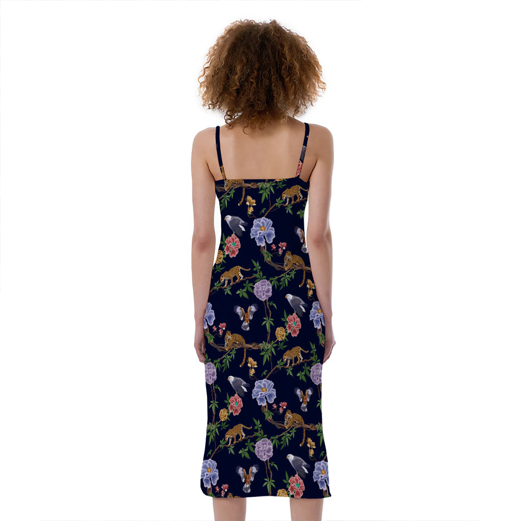 Eagle And Jaguar Pattern Print Slim Fit Midi Cami Dress