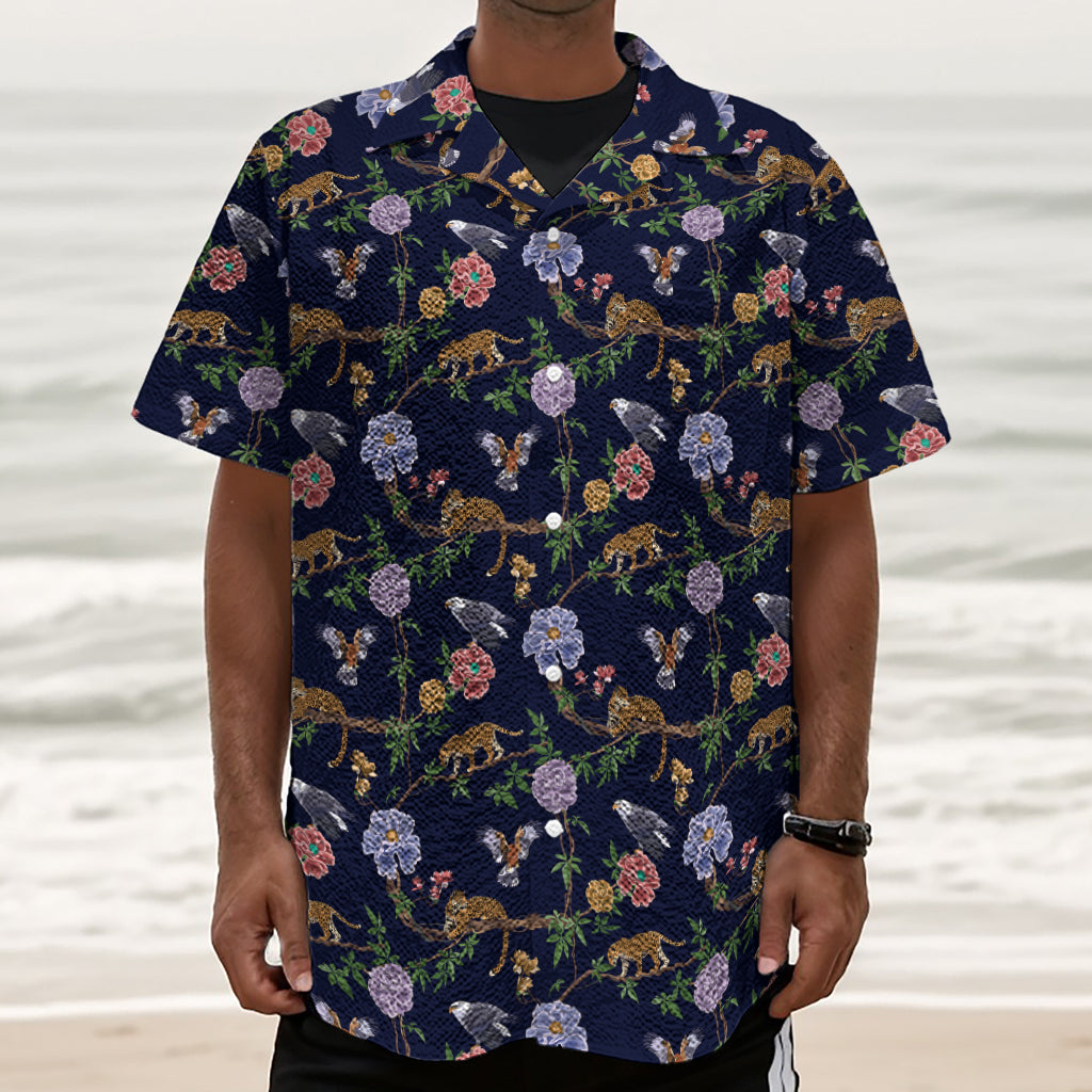 Eagle And Jaguar Pattern Print Textured Short Sleeve Shirt
