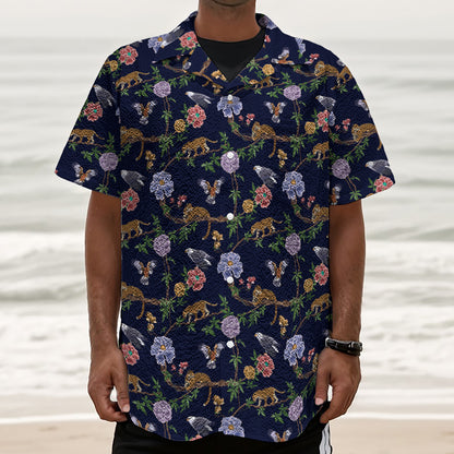 Eagle And Jaguar Pattern Print Textured Short Sleeve Shirt