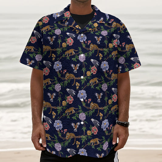 Eagle And Jaguar Pattern Print Textured Short Sleeve Shirt