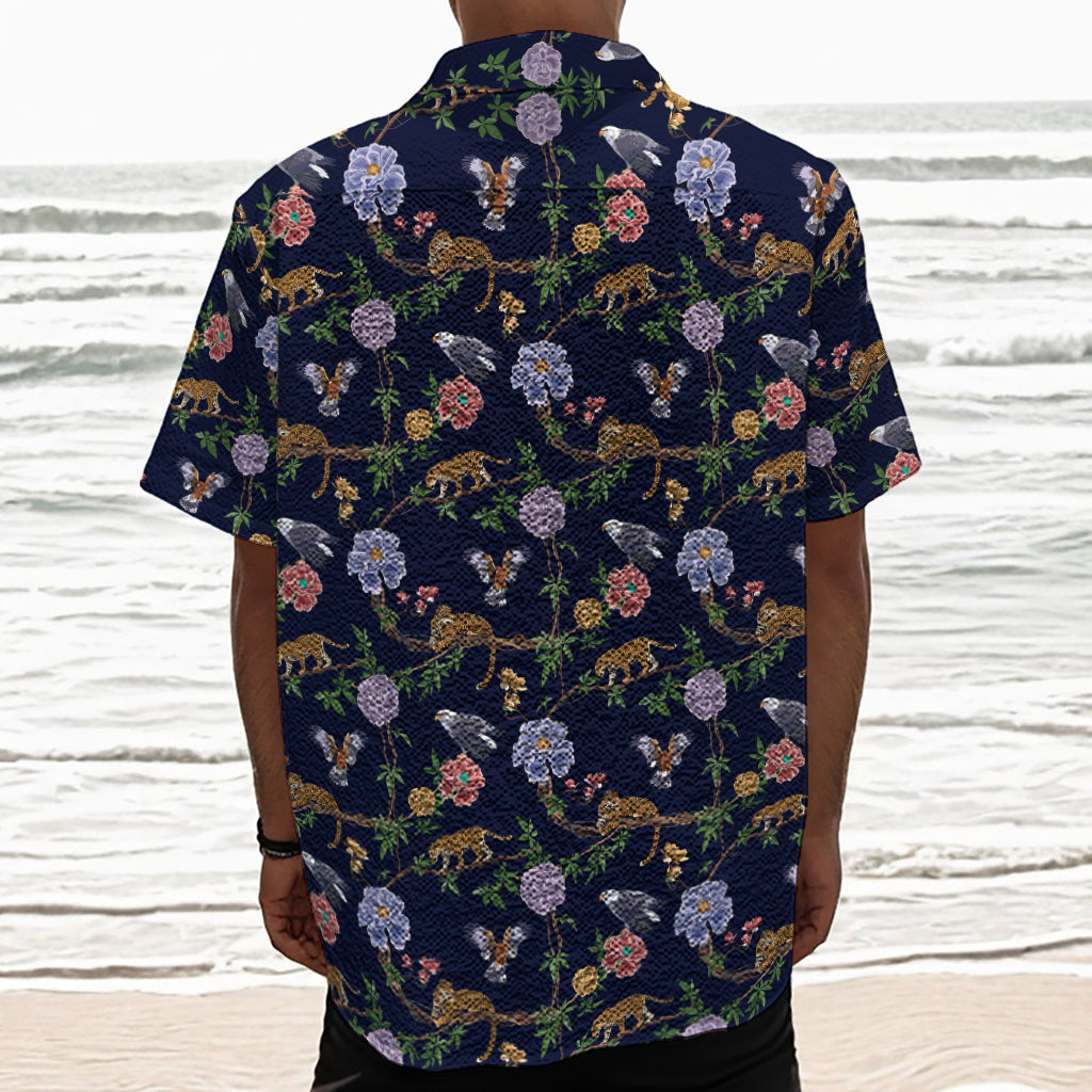 Eagle And Jaguar Pattern Print Textured Short Sleeve Shirt