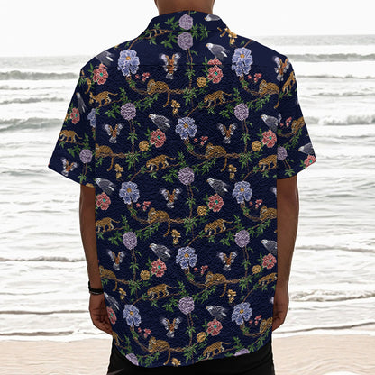 Eagle And Jaguar Pattern Print Textured Short Sleeve Shirt