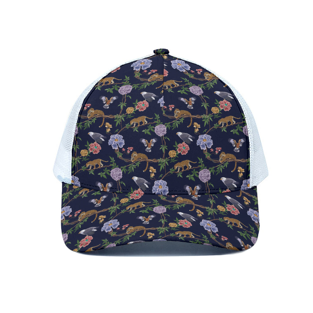 Eagle And Jaguar Pattern Print White Mesh Trucker Cap