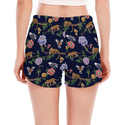 Eagle And Jaguar Pattern Print Women's Split Running Shorts