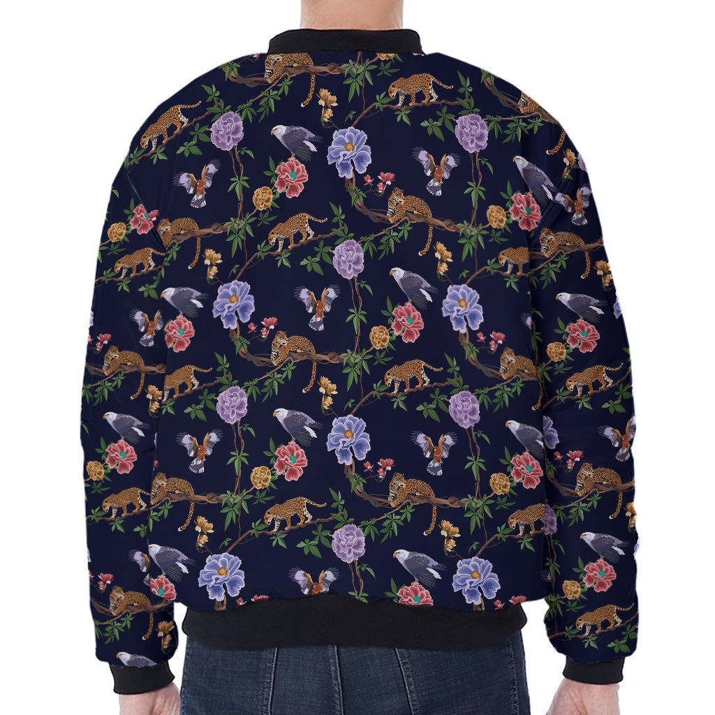 Eagle And Jaguar Pattern Print Zip Sleeve Bomber Jacket